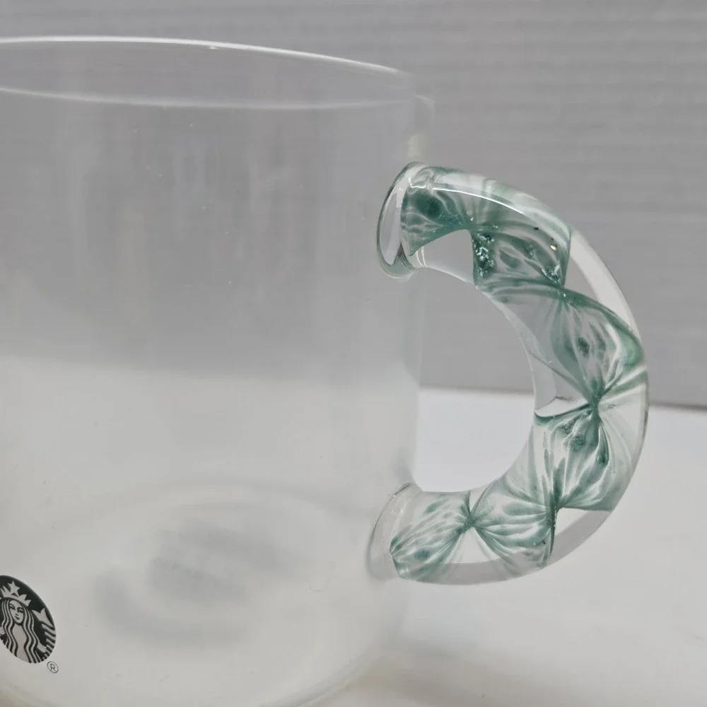 Two Starbucks Holiday 2023 Gradient Green Glass Swirl Handle Glass Mug 14oz RARE